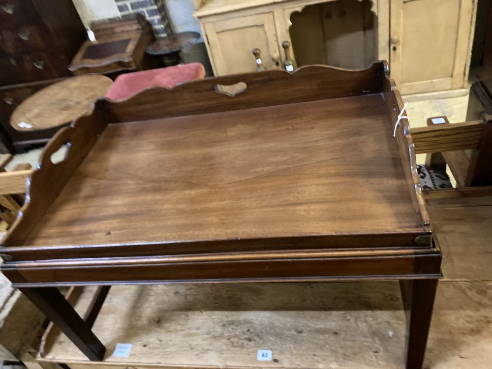 A Victorian rectangular mahogany butlers tray on later stand, width 79cm depth 53cm height 48cm